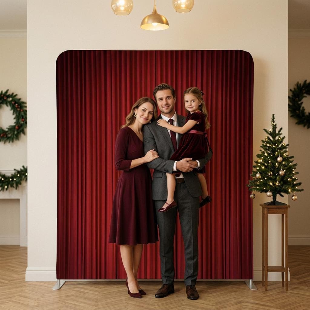 Familie fotografiata in fata fundalului cu catifea rosie, intr-o sala de Craciun