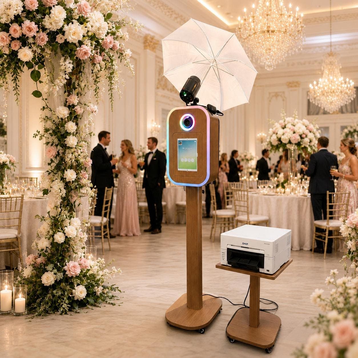 Carcasa cu ring light si imprimanta, la o nunta cu arcada florala