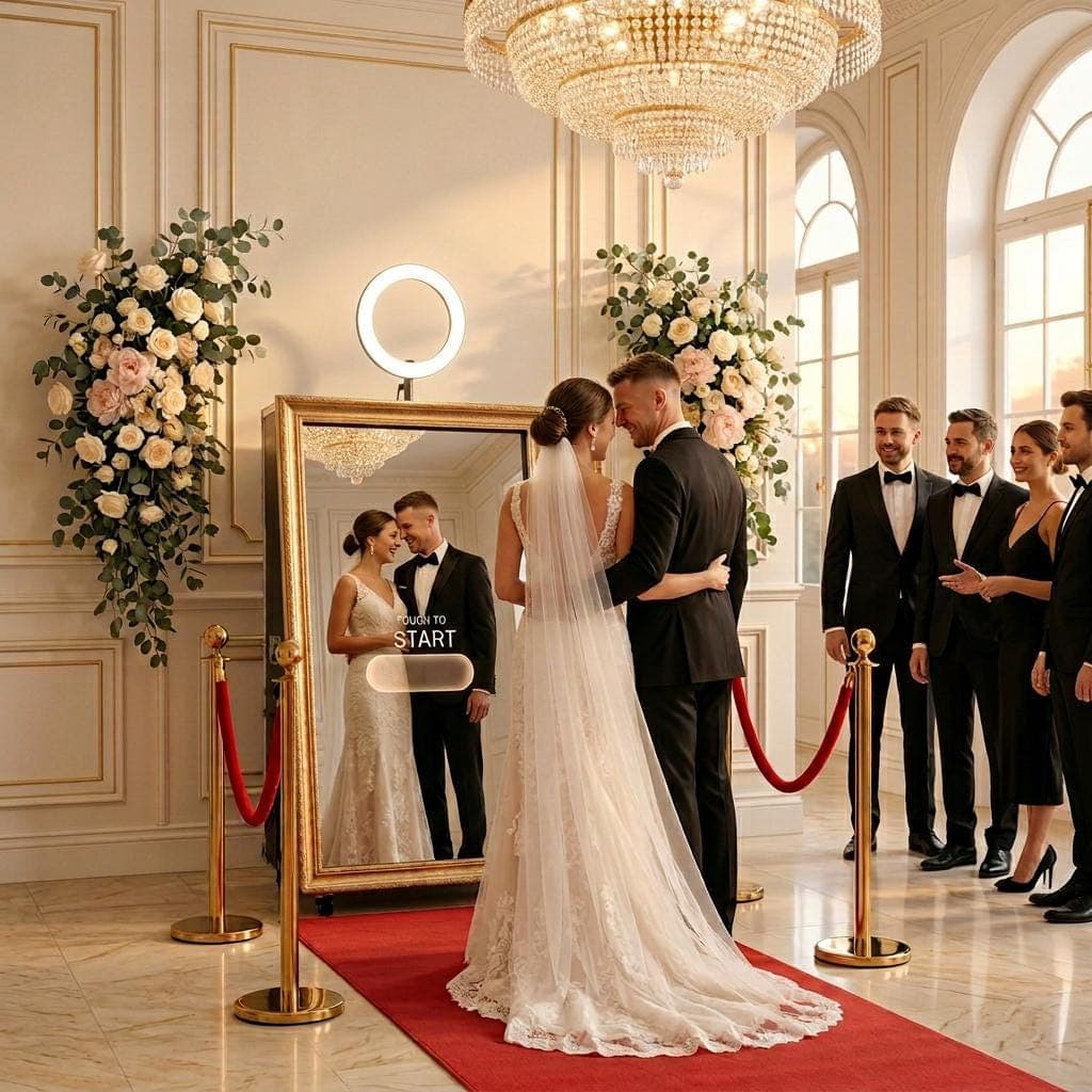 Miri fotografiindu-se in Magic Mirror cu rama aurie, intr-o sala cu candelabru