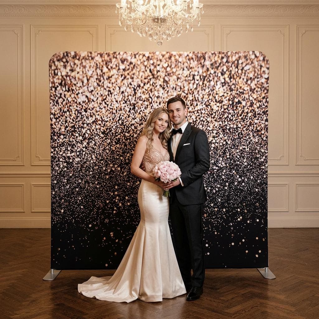 Photo backdrop 244x244 cm, champagne and gold glitter