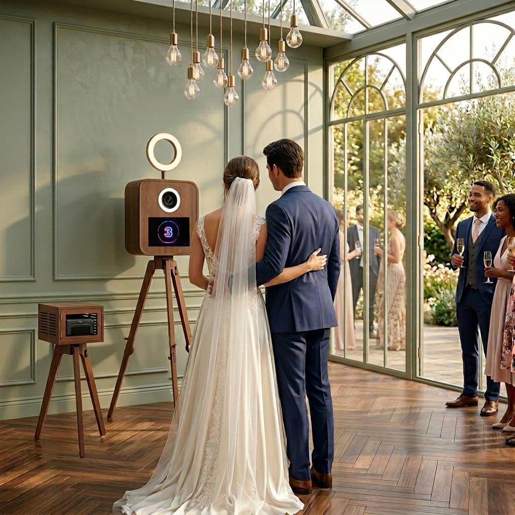 Wooden photo booth with touchscreen and mini PC
