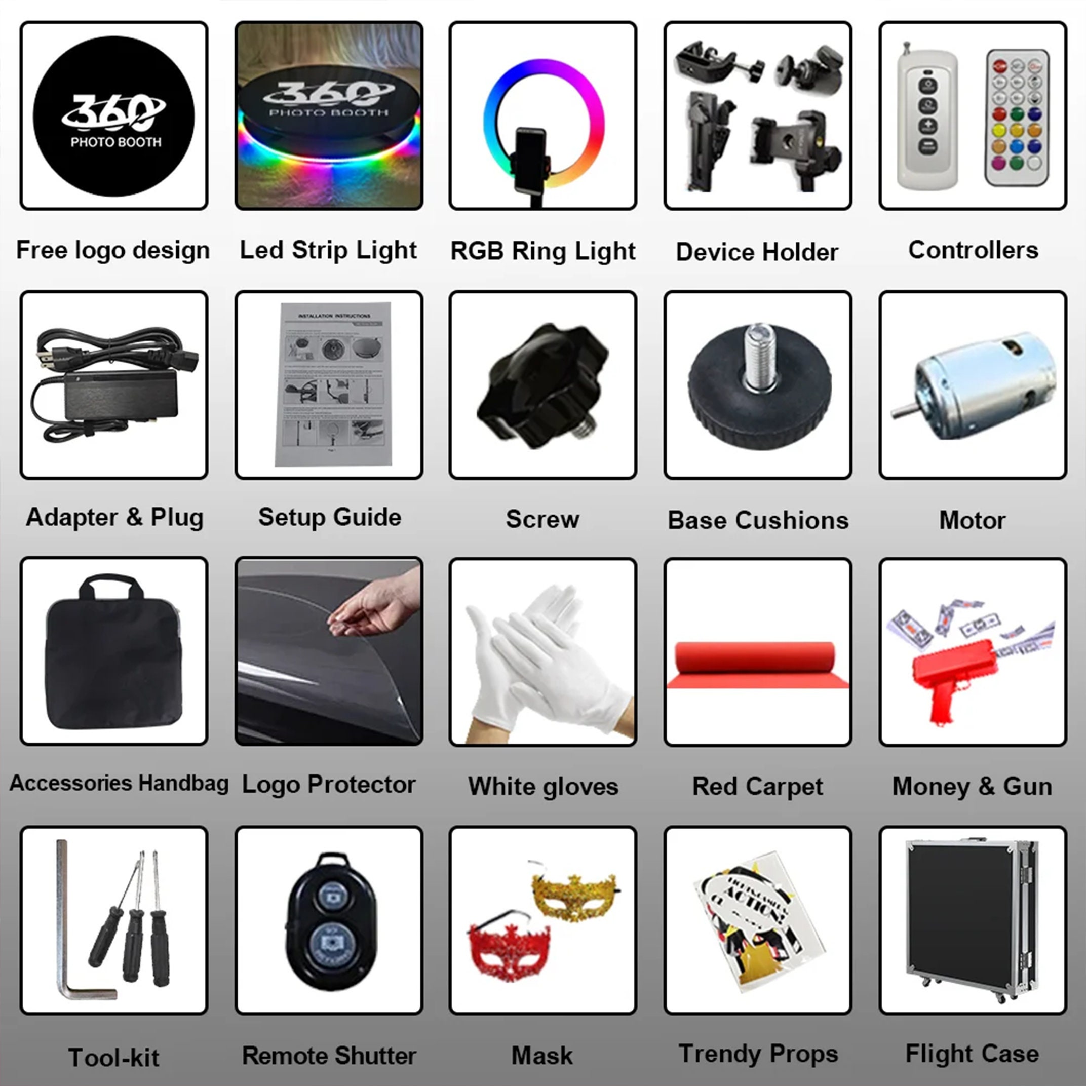 Accesoriile incluse: ring light, suporturi, telecomenzi, covor rosu si flight case