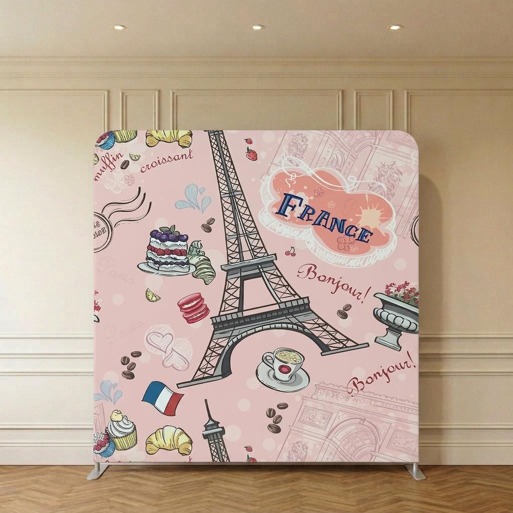 Fundal roz cu Turnul Eiffel si motive pariziene