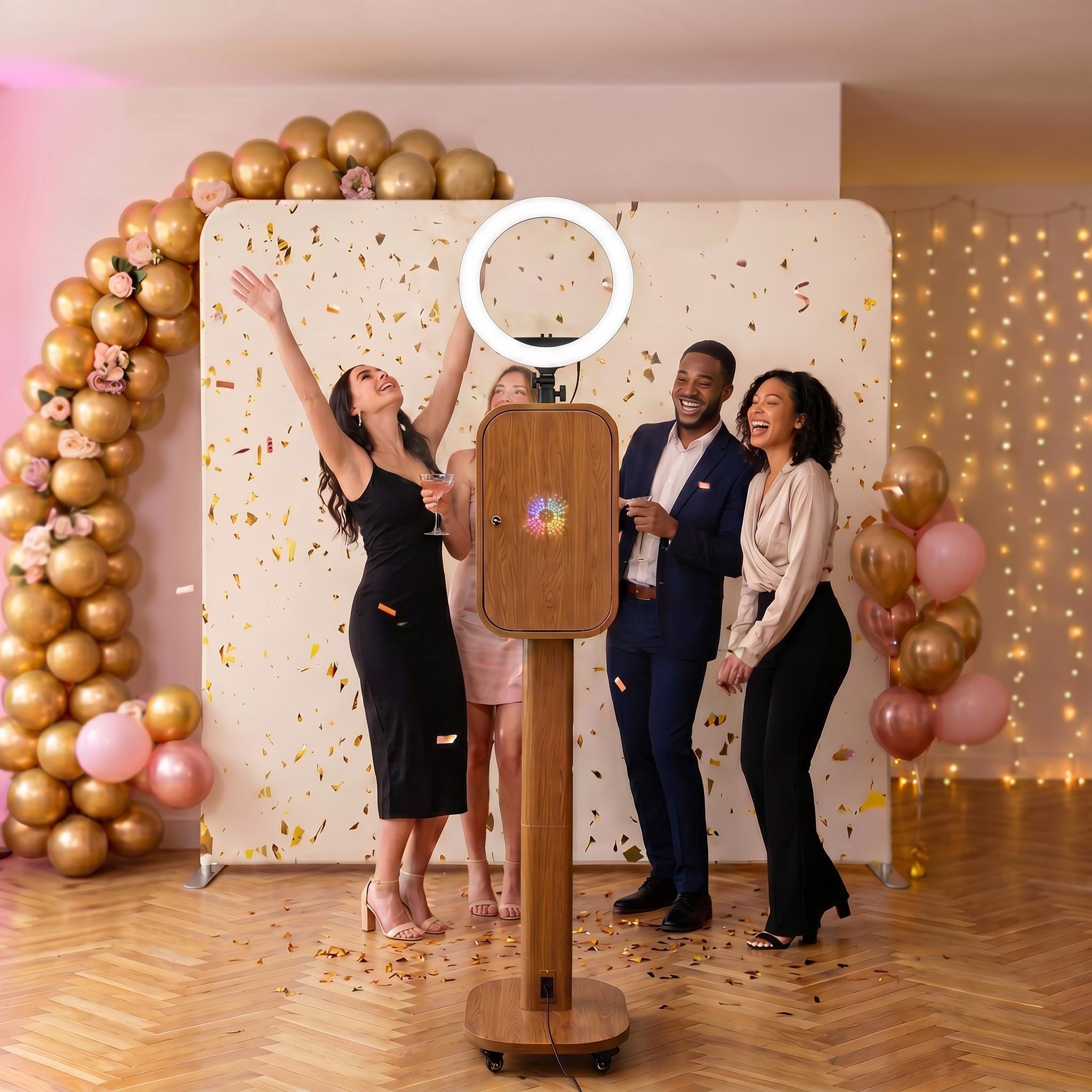 Invitati fotografiindu-se in fata carcasei, cu baloane si confetti