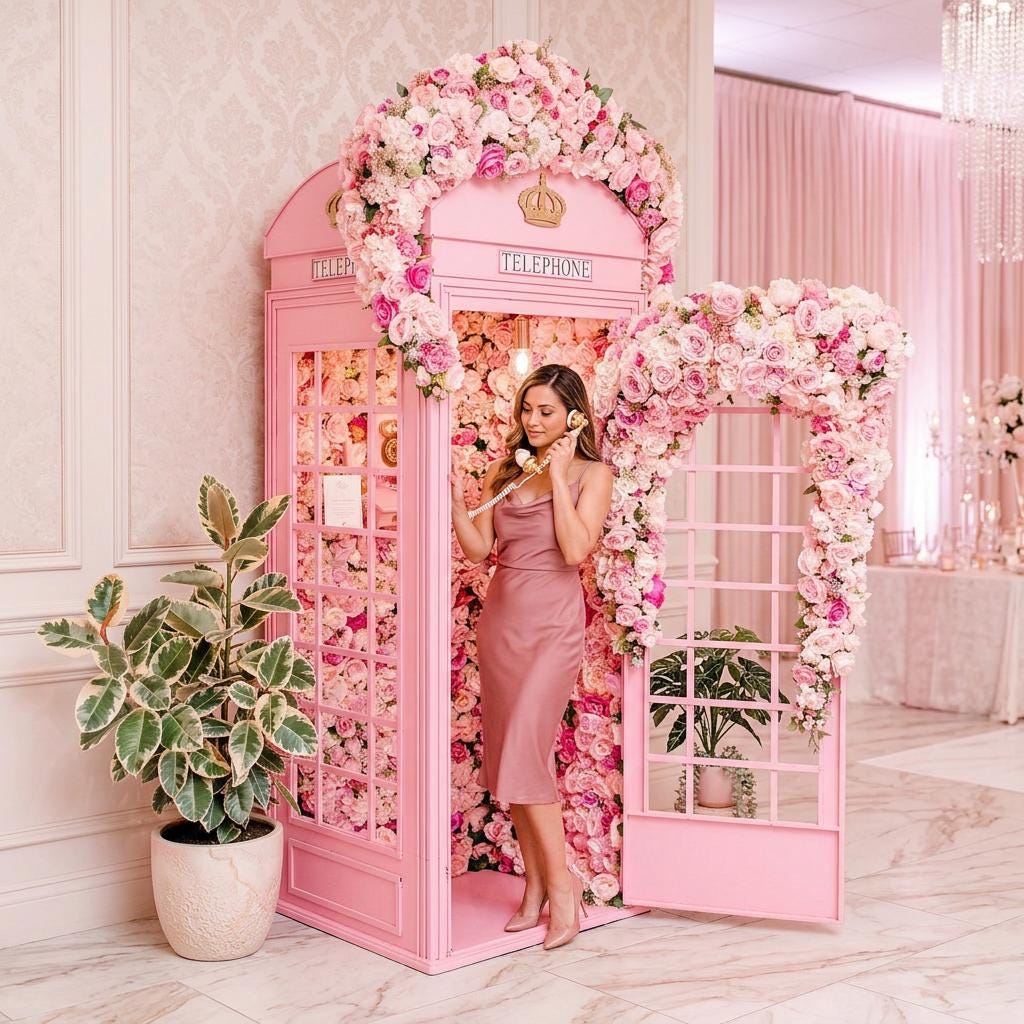 Cabina roz decorata cu flori, la o petrecere