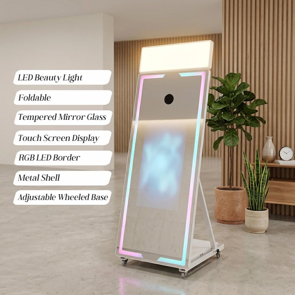 Caracteristicile cabinei: lumina LED, sticla oglinda securizata, ecran touch, rama RGB, carcasa metalica si baza cu roti