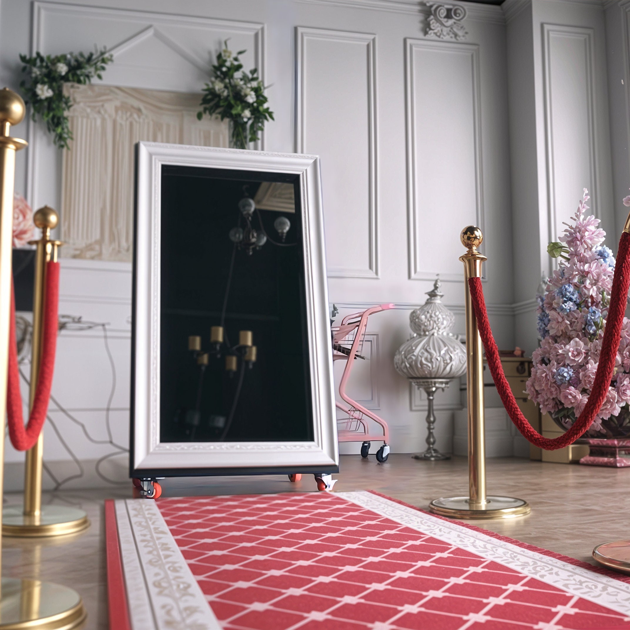 Magic Mirror cu rama argintie, langa un covor rosu si stalpi de delimitare