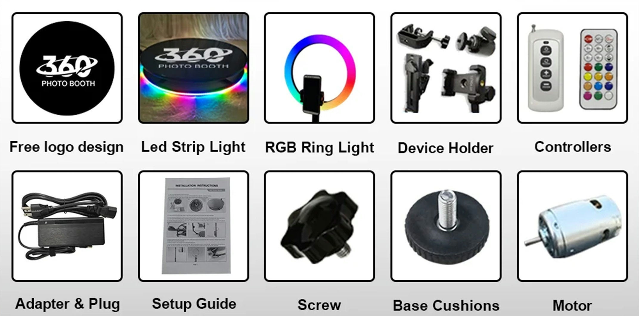 Accesoriile incluse: banda LED, ring light, controlere, alimentator si motor