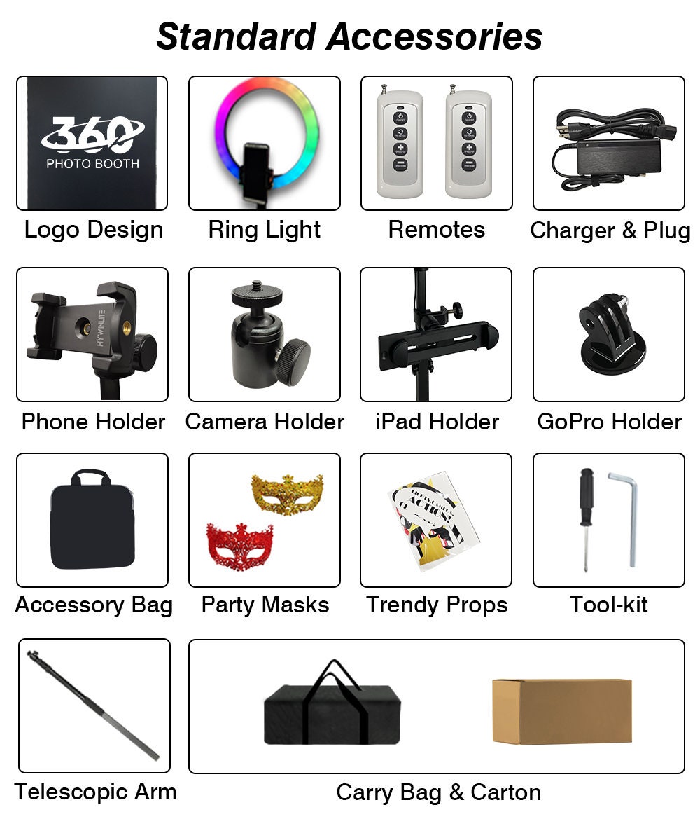 Accesoriile incluse: ring light, telecomenzi, suporturi, brat telescopic si geanta